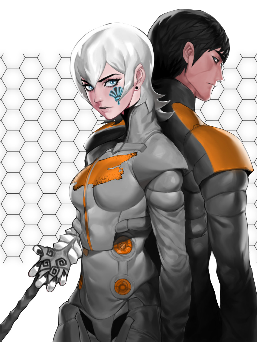 1girl absurdres atlus black_hair blue_eyes bodysuit breasts cowboy_shot digital_devil_saga dual_persona earrings facial_mark genderswap genderswap_(mtf) hair_between_eyes highres jewelry lipstick looking_at_viewer makeup serph shin_megami_tensei short_hair simple_background tattoo white_background white_hair zelus