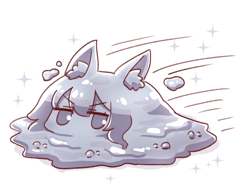 1girl animal_ear_fluff colored_skin commentary_request dragon_quest grey_eyes grey_hair grey_skin hair_between_eyes highres kemomimi-chan_(naga_u) liquid_metal_slime_(dq) looking_at_viewer metal_slime monsterification motion_lines naga_u original shadow solo sparkle speed_lines v-shaped_eyebrows white_background