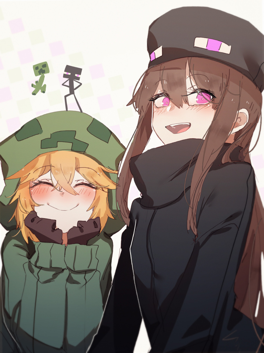 2girls absurdres ander_(at2.) at2. black_gloves black_headwear black_jacket brown_hair closed_eyes creeper cupa_(at2.) enderman gloves green_jacket highres hood hoodie jacket long_hair messy_hair minecraft mob_talker multiple_girls orange_hair pink_eyes short_hair sidelocks smile turtleneck