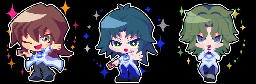 3boys :o ;d black_background blue_eyes blue_hair blue_pants brown_eyes brown_hair card chibi chibi_only closed_mouth duel_academy_uniform_(yu-gi-oh!_gx) fujiwara_yuusuke full_body green_hair hair_between_eyes highres holding holding_card jacket long_hair long_sleeves looking_at_viewer male_focus marufuji_ryo multiple_boys one_eye_closed open_mouth otowaika pants purple_eyes smile tenjouin_fubuki white_jacket yu-gi-oh! yu-gi-oh!_gx
