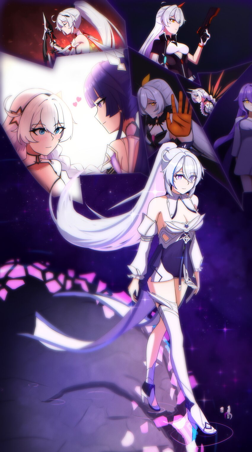 absurdres asymmetrical_footwear bare_shoulders blue_eyes boots breasts cleavage colored_inner_hair commentary detached_sleeves dress english_commentary gloves high_heel_boots high_heels highres honkai_(series) honkai_impact_3rd juliet_sleeves kiana_kaslana kiana_kaslana_(apho) kiana_kaslana_(herrscher_of_finality) kiana_kaslana_(herrscher_of_flamescion) kiana_kaslana_(herrscher_of_the_void) kiana_kaslana_(knight_moonbeam) kiana_kaslana_(void_drifter) kiana_kaslana_(white_comet) long_hair long_sleeves multicolored_hair orange_gloves pink_hair ponytail puffy_sleeves purple_hair raiden_mei raiden_mei_(herrscher_of_origin) rgenius100 sirin strapless strapless_dress very_long_hair walking white_footwear white_hair yellow_eyes