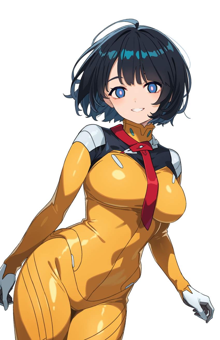 1girl absurdres black_hair blue_eyes bodysuit breasts commentary_request gundam gundam_gquuuuuux highres large_breasts long_sleeves looking_at_viewer reibun_(raven1119) shiiko_sugai short_hair simple_background smile solo white_background yellow_bodysuit