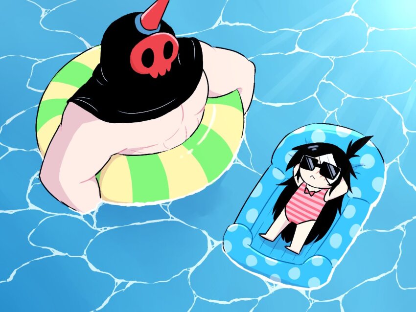 1boy 1girl :&lt; arms_behind_head asagao_(bikaburi) bandage_over_one_eye black_hair buddy_(lisa) caustics child commentary covered_face english_commentary inflatable_raft innertube lisa_(series) lisa_the_joyful long_hair mask muscular muscular_male one-piece_swimsuit partially_submerged pink_one-piece_swimsuit rando_(lisa) scar scar_on_face striped_clothes striped_one-piece_swimsuit sunglasses swim_ring swimsuit topknot water