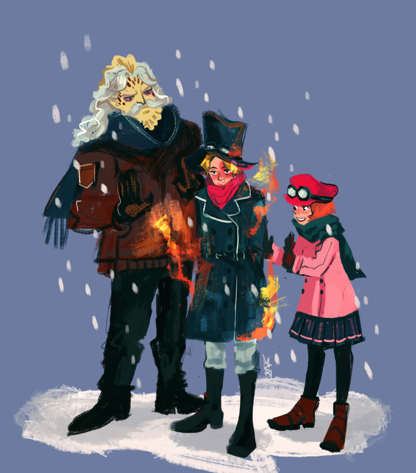 1girl 2boys black_shoes blonde_hair blush boots coat commentary commentary_request english_commentary facial_hair fire full_body goggles goggles_on_head hack_(one_piece) highres jacket koala_(one_piece) long_hair m4stry multiple_boys mustache one_piece pantyhose pink_coat sabo_(one_piece) scarf shoes short_hair skirt snowing