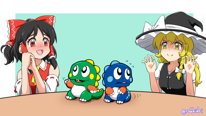 2girls :d arms_up ascot bare_shoulders black_hair black_headwear black_vest blonde_hair blouse blue_background blush bob_(bubble_bobble) bow braid bub_(bubble_bobble) bubble_bobble commentary commission creature crossover detached_sleeves english_commentary flying_sweatdrops hair_bow hair_ribbon hair_tubes hakurei_reimu hands_on_own_face hat kirisame_marisa long_hair multiple_girls open_mouth own_hands_together ponytail puffy_short_sleeves puffy_sleeves rakkidei red_eyes red_vest ribbon ribbon-trimmed_sleeves ribbon_trim shirt short_hair short_ponytail short_sleeves sidelocks simple_background single_braid smile taito touhou tress_ribbon twitter_username upper_body vest white_shirt witch_hat yellow_ascot yellow_eyes