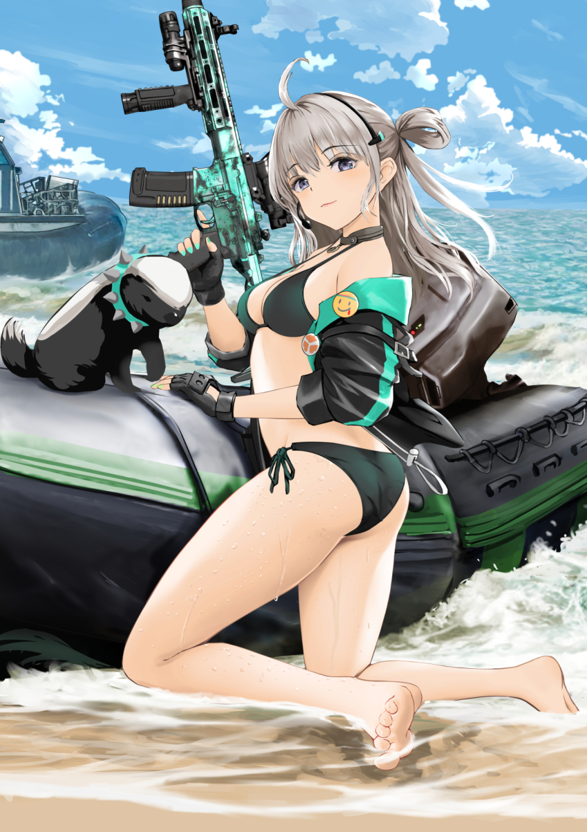 1girl aac_honey_badger ahoge animal ass assault_rifle beach bikini black_bikini blue_eyes blue_sky breasts collar commission day feet from_side gibun_(sozoshu) girls&#039;_frontline green_nails grey_eyes grey_hair gun hair_bun highres holding holding_gun holding_weapon honey_badger honey_badger_(girls&#039;_frontline) hovercraft jacket jacket_partially_removed kneeling long_hair looking_at_viewer medium_breasts pixiv_commission rifle side-tie_bikini_bottom single_side_bun sky solo spiked_collar spikes swimsuit thighs water watercraft weapon wet