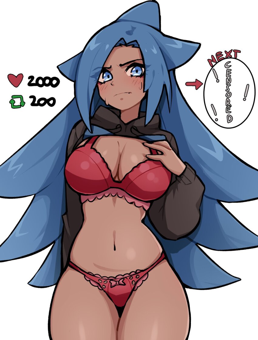 1girl arrow_(symbol) black_shrug blue_eyes blue_hair bra breasts cleavage closed_mouth commentary cowboy_shot dark-skinned_female dark_skin english_commentary highres hood hood_down hooded_shrug large_breasts long_hair long_sleeves looking_at_viewer navel oninuer original panties red_bra red_panties shaaku_(oninuer) shrug_(clothing) simple_background solo stomach sweat twitter_strip_game underwear white_background