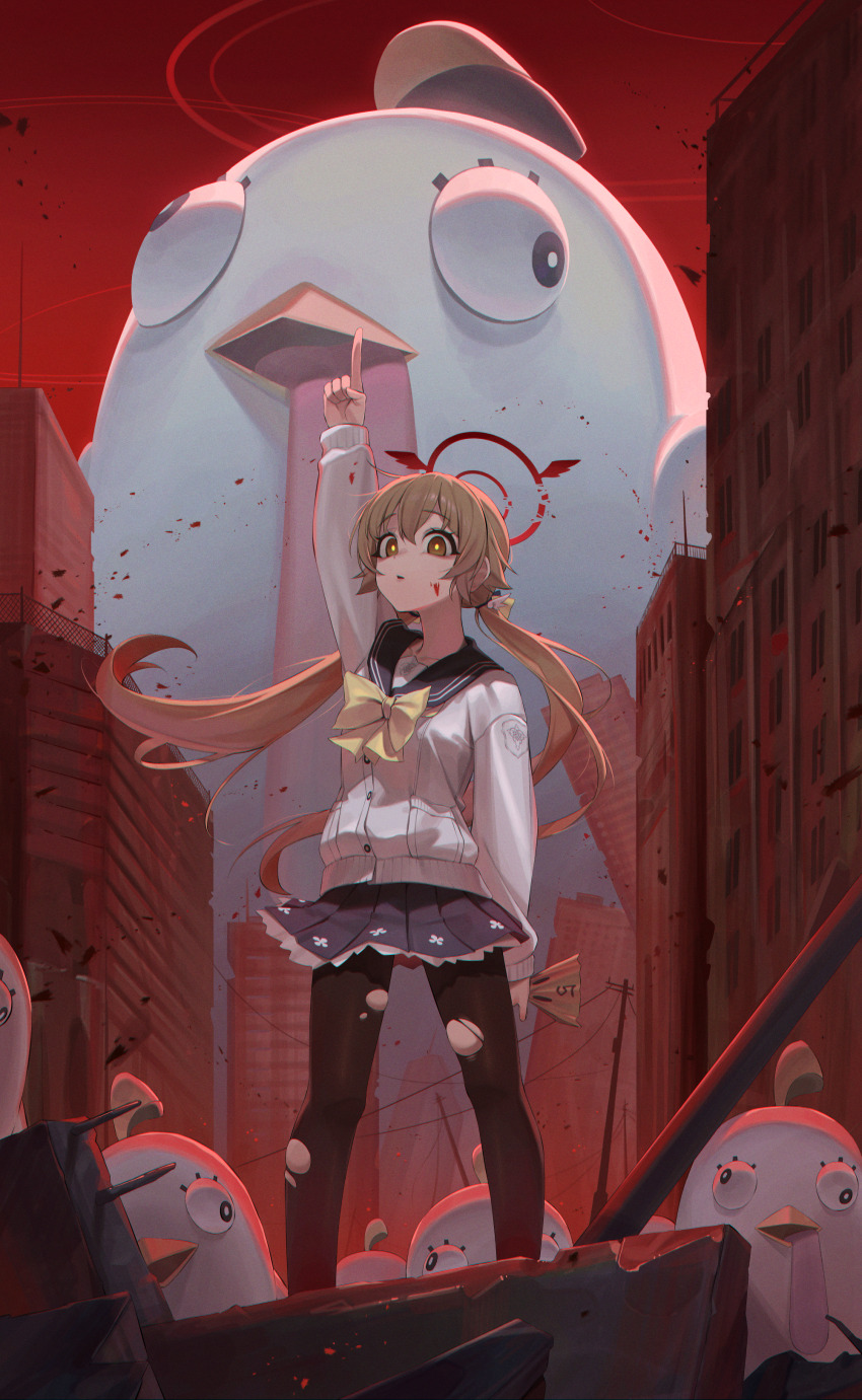 1girl absurdres arm_up black_pantyhose blue_archive blue_skirt broken_halo brown_eyes brown_hair cardigan city dark_persona frilled_skirt frills hair_between_eyes halo hifumi_(blue_archive) highres long_hair long_sleeves looking_at_viewer low_twintails miniskirt outdoors pantyhose peroro_(blue_archive) perorozilla_(blue_archive) pleated_skirt pointing pointing_up red_halo road ruins skirt standing street stuffed_animal stuffed_bird stuffed_toy torn_clothes torn_pantyhose twintails um_111 very_long_hair white_cardigan winged_halo