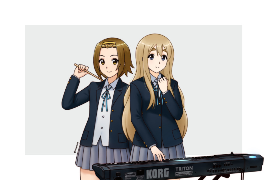2girls artist_name blazer blonde_hair blue_eyes blue_jacket blue_ribbon brown_eyes brown_hair buttoned_cuffs buttons closed_mouth collared_shirt commentary_request drumsticks forehead grey_skirt hairband holding holding_drumsticks instrument jacket k-on! keyboard_(instrument) kotobuki_tsumugi long_hair long_sleeves looking_at_viewer morynocle multiple_girls neck_ribbon open_clothes open_jacket pleated_skirt ribbon sakuragaoka_high_school_uniform school_uniform shirt short_hair skirt smile tainaka_ritsu thick_eyebrows twitter_username watermark white_shirt yellow_hairband