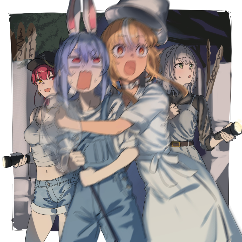 4girls alternate_costume animal_ears bare_shoulders black_shirt blonde_hair blue_hair blue_overalls blue_shorts breasts butterfly_net cleavage denim denim_shorts dress flashlight grey_hair hand_net hat heterochromia highres holding holding_flashlight hololive houshou_marine large_breasts motion_blur multicolored_hair multiple_girls navel overalls rabbit_ears rabbit_girl red_eyes red_hair scared shino_12a shiranui_flare shirogane_noel shirt short_shorts shorts tank_top two-tone_hair usada_pekora virtual_youtuber white_dress white_hat white_tank_top yellow_eyes
