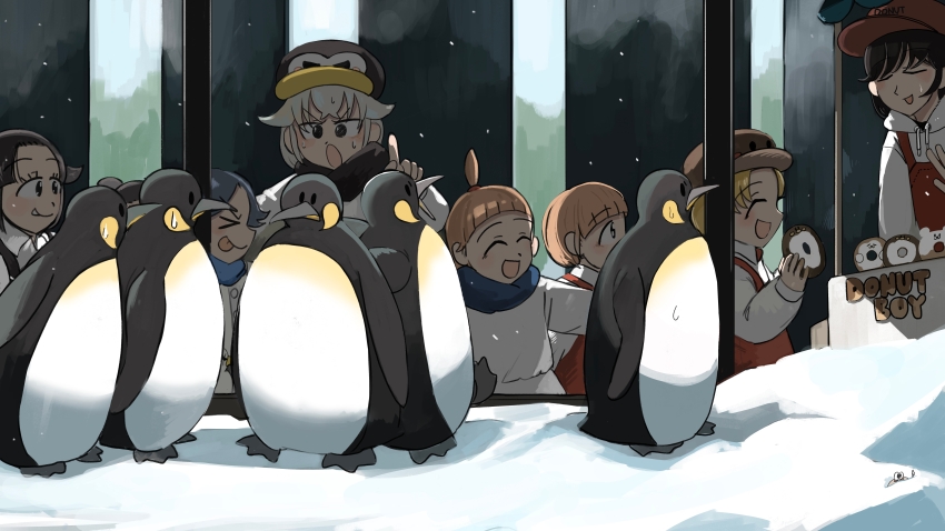 &gt;_&lt; 6+girls absurdres animal-themed_food bird black_hair black_scarf blonde_hair blue_hair blue_scarf brown_hair commentary diva_(hyxpk) donut donut_stamp doughnut_seller_(diva) duck english_commentary food girl_with_boyish_hair_(diva) girl_with_fangs_(diva) grey_hair hat highres hood hood_down hoodie king_penguin multiple_girls overalls penguin penguin_fan_(diva) penguin_hat penguin_keeper_(diva) queue red_hat red_overalls scarf shirt slice_of_life topknot_girl_(diva) white_hoodie white_shirt zoo zookeeper zookeepers_(diva)