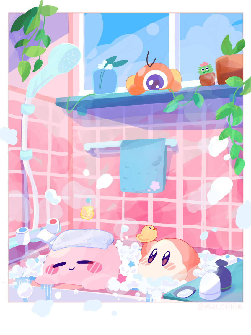 :3 arm_up artist_name bath bathtub blue_eyes blush blush_stickers border bottle brown_eyes bubble bubble_bath closed_eyes closed_mouth flower_pot highres holding indoors kirby kirby_(series) loofah nintendo no_humans omame_sakana one-eyed outside_border plant potted_plant rubber_duck shampoo_bottle shower_head smile soap_bubbles stactus steam tile_wall tiles towel towel_on_head towel_rack twitter_username vase vines waddle_dee waddle_doo water white_border window windowsill