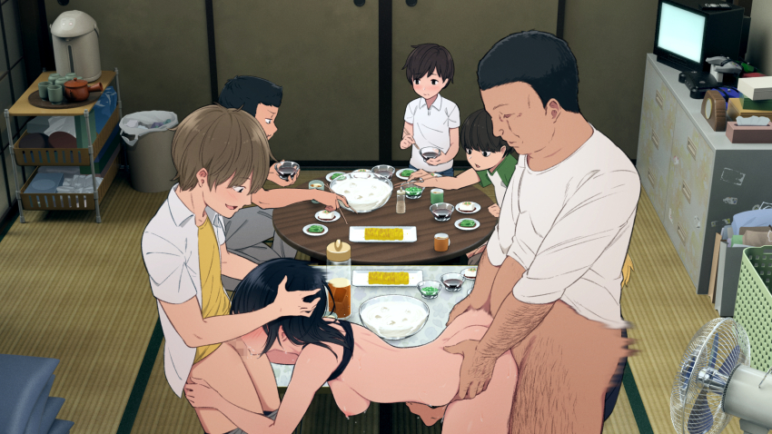 1girl 5boys age_difference all_fours barefoot black_eyes black_hair blush bottomless bowl breasts breasts_out brother_and_sister brothers censored chopsticks clothed_sex clothes_lift cup doggystyle eating electric_fan embarrassed family father_and_daughter father_and_son feet fellatio food from_above hair_between_eyes hands_on_another&#039;s_head highres holding holding_chopsticks incest indoors kemuri_haku legs medium_breasts medium_hair mosaic_censoring multiple_boys nipples open_mouth oral original penis sex sex_from_behind shirt_lift siblings sitting spitroast standing table tank_top tatami thighs toaru_daikazoku_no_okazu_jijou:_mamagawari_onee-chan_funtouki toes trash_can vaginal