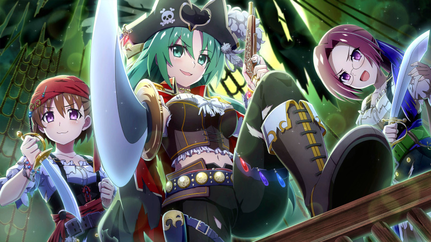 3girls :d akasaka_miyuki bandana belt black_hat black_pants boots bow brown_belt brown_boots brown_hair closed_mouth collarbone corset cutlass dutch_angle epaulettes finger_on_trigger foot_out_of_frame frilled_shirt frills from_below game_cg glasses green_eyes green_hair gun hair_ribbon half_updo hat highres higurashi_no_naku_koro_ni higurashi_no_naku_koro_ni_mei holding holding_gun holding_sword holding_weapon jolly_roger lens_flare long_hair looking_at_viewer multiple_girls navel night non-web_source official_art open_mouth outdoors pants parted_bangs pirate pirate_costume pirate_hat pirate_ship ponytail purple_eyes purple_hair reaching reaching_towards_viewer red_bandana ribbon round_eyewear saionji_miyabi shirt short_hair short_sleeves skull_and_crossbones smile smug sonozaki_shion sparkle sword weapon white_bow