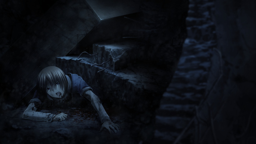 1boy arimura_shingo blonde_hair blood blood_drip blood_in_mouth blue_jacket blurry blurry_foreground bokeh broken_wall chaos;child concrete crack crushed debris depth_of_field destruction dying food_on_clothes game_cg grey_theme hair_between_eyes hand_on_ground highres jacket long_sleeves lying non-web_source official_art on_ground on_stomach open_mouth purple_eyes rebar rubble ruins sasaki_mutsumi shirt short_hair solo steel_beam tongue white_shirt