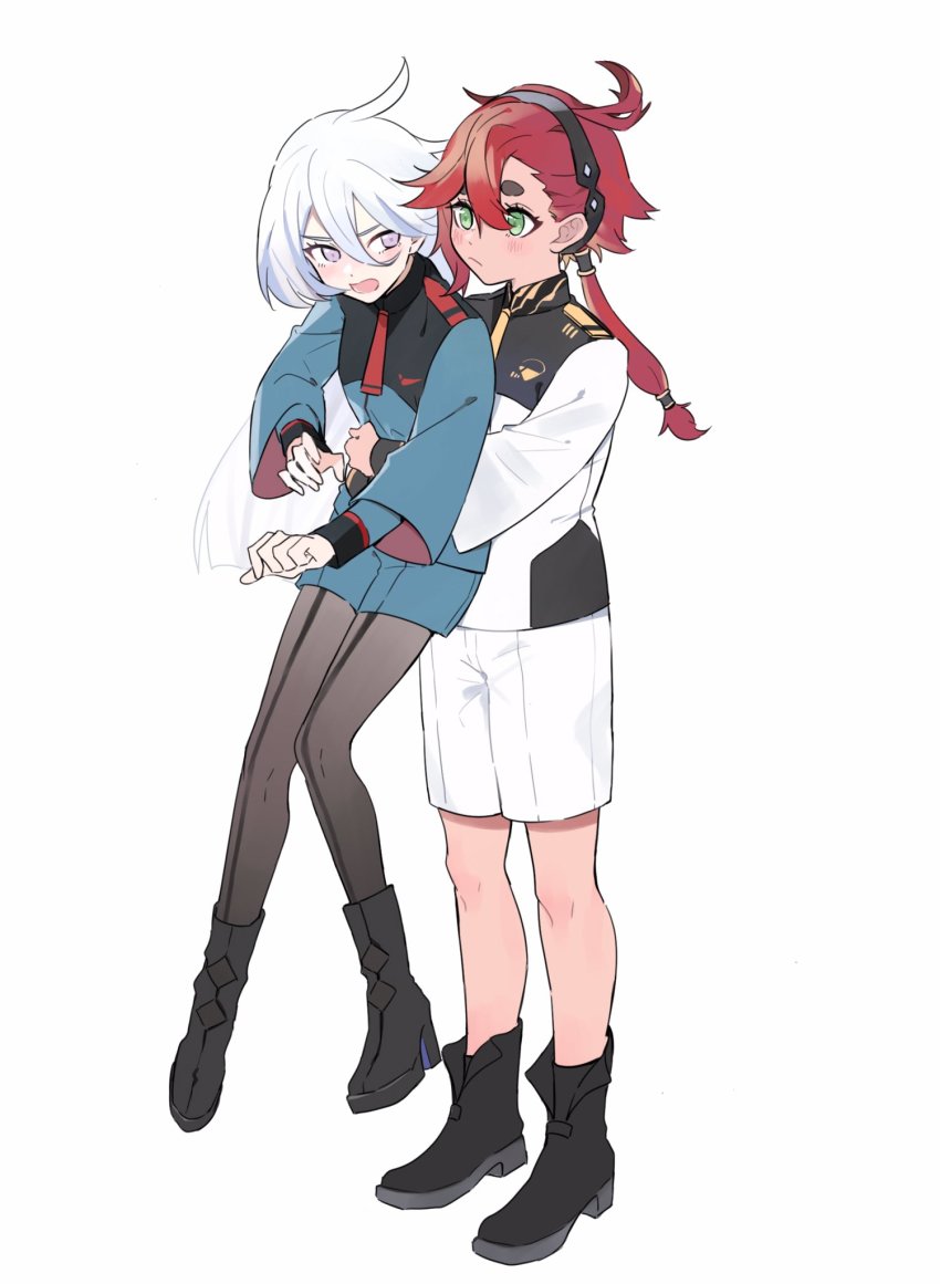 2girls ahoge asticassia_school_uniform blush boots green_eyes grey_eyes gundam gundam_suisei_no_majo hairband highres knightym22 lifting_person long_hair miorine_rembran multiple_girls necktie open_mouth ponytail red_hair school_uniform shorts simple_background suletta_mercury white_background white_hair yuri