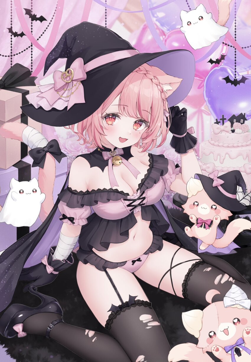 1girl animal_ears ankle_belt babydoll balloon bandaged_arm bandaged_tail bandages bell black_gloves black_thighhighs blush bow braid breasts cake cat_ears cat_girl cat_tail cleavage crown_braid food frilled_babydoll garter_straps gloves halloween hat heart_balloon high_heels highres indie_virtual_youtuber koito_amuno medium_breasts navel neck_bell open_mouth pink_bow pink_hair puffy_short_sleeves puffy_sleeves red_eyes shano_hiyori short_hair short_sleeves solo swept_bangs tail tail_bow tail_ornament thighhighs thighs torn_clothes torn_thighhighs virtual_youtuber witch_hat