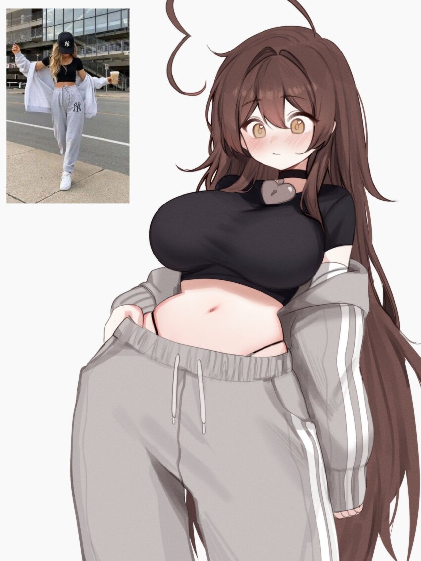 1girl absurdres blush breasts brown_hair commentary english_commentary hair_between_eyes highleg highleg_panties highres indie_virtual_youtuber large_breasts long_hair navel panties panty_straps real_life_insert simple_background sky_above_me sky_above_me_(vtuber) solo underwear very_long_hair virtual_youtuber white_background