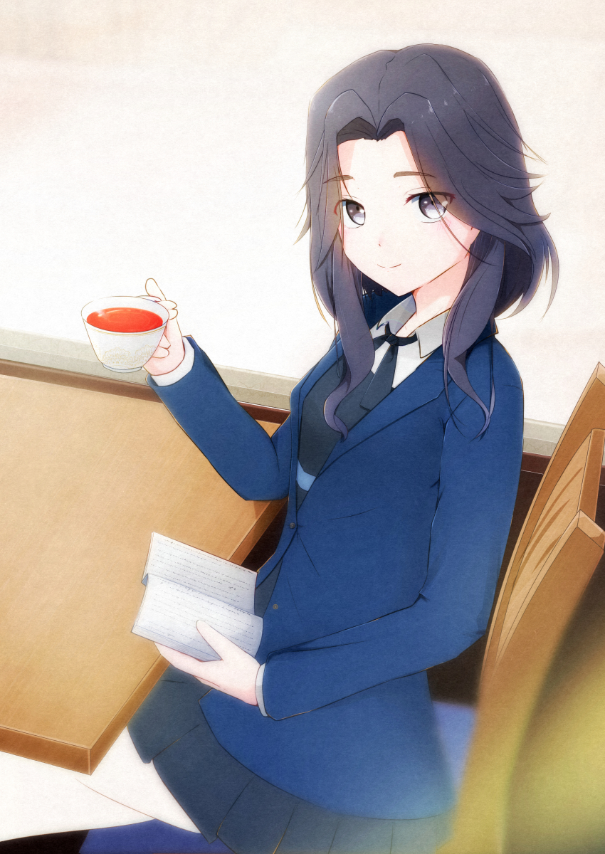 1girl 22/7 absurdres black_bow black_bowtie black_skirt blue_jacket blurry book bow bowtie closed_mouth collared_shirt crossed_legs cup depth_of_field elbow_on_table furoggu-gaburi grey_eyes grey_hair hair_intakes highres holding holding_book holding_cup indoors jacket long_hair long_sleeves looking_at_viewer miniskirt on_chair orihara_sumika parted_bangs pleated_skirt shirt sitting skirt smile solo table teacup wavy_hair white_shirt wooden_table