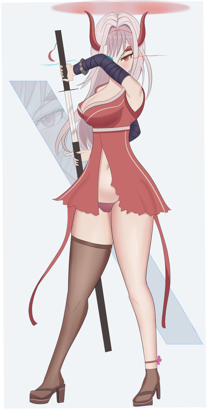 absurdres alternate_costume breasts cleavage dress full_body goddess_of_victory:_nikke grey_hair highres holding holding_sword holding_weapon horns red_dress red_eyes scarlet_(nikke) standing sword torn_clothes weapon yissou_art