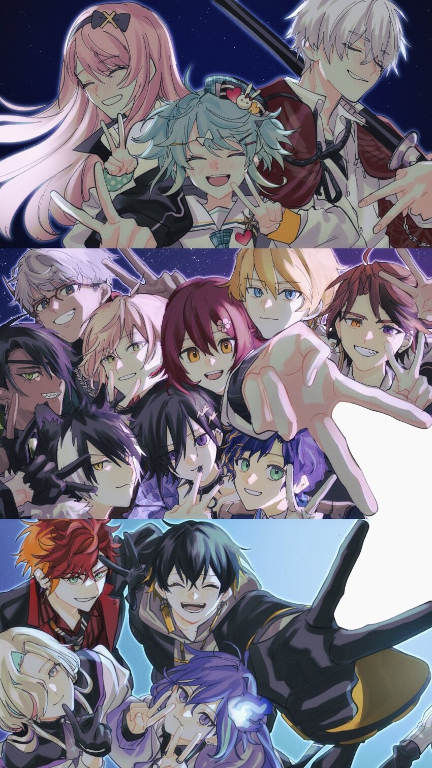 6+boys animal_ears aragami_oga_(1st_costume) arurandeisu_(1st_costume) astel_leda_(1st_costume) black_gloves black_hair black_jacket black_nails blonde_hair blue_eyes blue_hair blush closed_eyes dark-skinned_male dark_skin earrings eyepatch fingerless_gloves flower glasses gloves green_eyes grey_hair grey_hoodie hair_flower hair_ornament hairclip hanasaki_miyabi hanasaki_miyabi_(1st_costume) hat heterochromia highres hizaki_gamma_(1st_costume) holding holding_sword holding_weapon holostars hood hoodie jackal_ears jacket jacket_on_shoulders jewelry kagami_kira kageyama_shien_(1st_costume) kanade_izuru_(1st_costume) kishido_temma kishido_temma_(1st_costume) long_hair minase_rio minase_rio_(1st_costume) mini_hat mole mole_under_eye momiage_40 multicolored_hair multiple_boys ofuda_earrings orange_hair pink_hair purple_eyes purple_hair red-framed_eyewear red_hair red_shirt rikka_(1st_costume)_(holostars) ring sharp_teeth shirt short_hair smile streaked_hair sword teeth tsukishita_kaoru two-tone_hair utsugi_uyu_(1st_costume) v virtual_youtuber weapon white_gloves white_hair white_shirt yakushiji_suzaku yatogami_fuma_(1st_costume) yellow_eyes yukoku_roberu