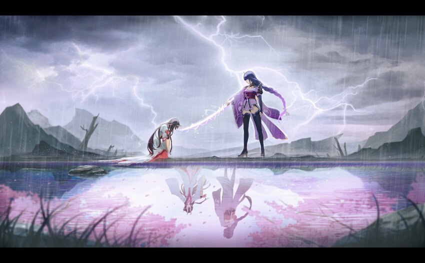 2girls absurdres anna_(drw01) black_hair black_thighhighs braid cherry_blossoms chiyo_(genshin_impact) cloud cloudy_sky different_reflection genshin_impact grey_sky highres holding holding_sword holding_weapon horns japanese_clothes katana kimono lightning long_hair looking_at_another mountainous_horizon multiple_girls musou_isshin_(genshin_impact) obi outdoors pointing_melee_weapon pointing_sword purple_hair purple_kimono raiden_shogun rain reflection reflective_water sash sky sword thighhighs water weapon white_kimono