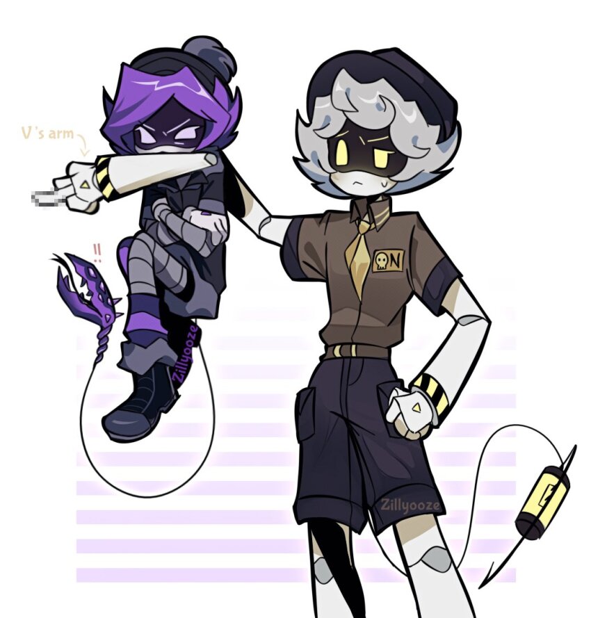 1boy 1girl beanie_hat boy_scout glitch_productions hat lifting_person middle_finger monster_tail murder_drones n_(murder_drones) no_humans purple_eyes purple_hair robot severed_limb tail uzi_(murder_drones) yellow_eyes zillyooze