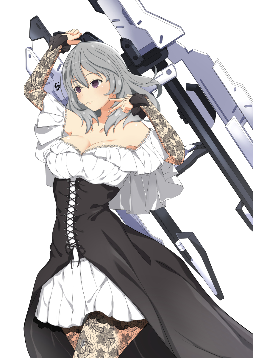 1girl absurdres arm_up artist_name assault_lily bare_shoulders black_dress black_pantyhose breasts cleavage closed_mouth commentary_request cowboy_shot cross-laced_clothes cross-laced_dress dress floral_print frilled_dress frills grey_hair hair_between_eyes hand_up hata_matsuri highres holding holding_behind_back holding_weapon holding_weapon_behind_back lace_pantyhose lace_sleeves large_breasts layered_dress layered_sleeves light_blush long_sleeves looking_ahead medium_hair off-shoulder_dress off_shoulder pantyhose pleated_dress print_pantyhose print_sleeves purple_eyes senri_(senri03151221) short_sleeves simple_background sleeves_past_wrists solo standing two-tone_dress weapon white_background white_dress