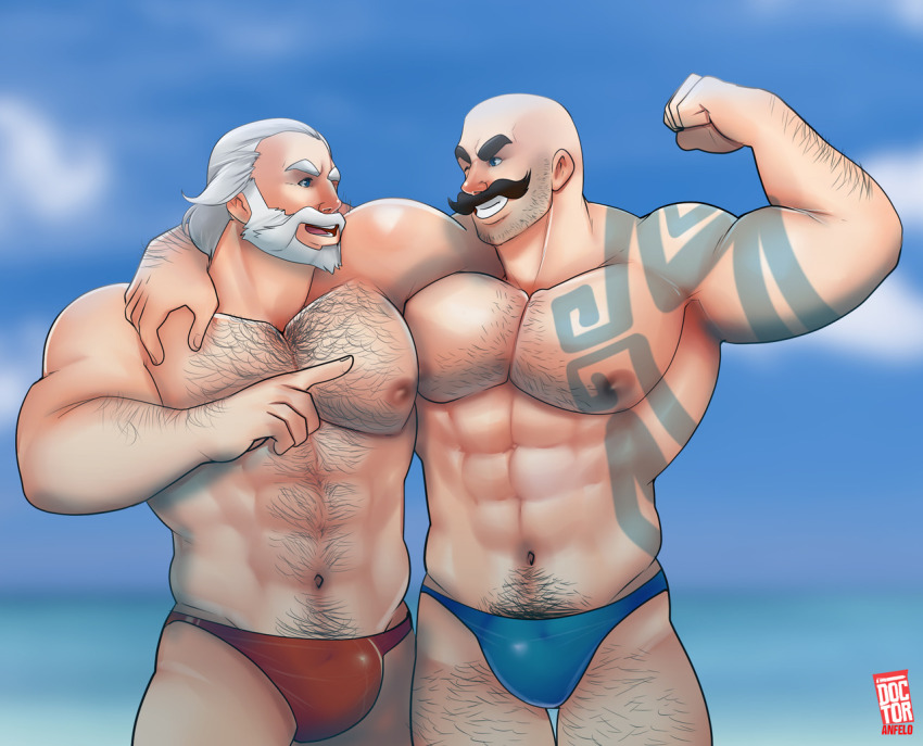 2boys bald bara beard beard_stubble blue_eyes blue_male_swimwear blurry blurry_background braum_(league_of_legends) bulge chest_hair connected_beard crossover doctor_anfelo facial_hair full_beard large_pectorals league_of_legends leg_hair male_focus male_swimwear mature_male medium_hair multiple_boys muscular muscular_male mustache navel nipples one_eye_closed overwatch overwatch_1 pectorals pubic_hair red_male_swimwear reinhardt_(overwatch) sparse_arm_hair stubble swim_briefs thick_mustache white_hair