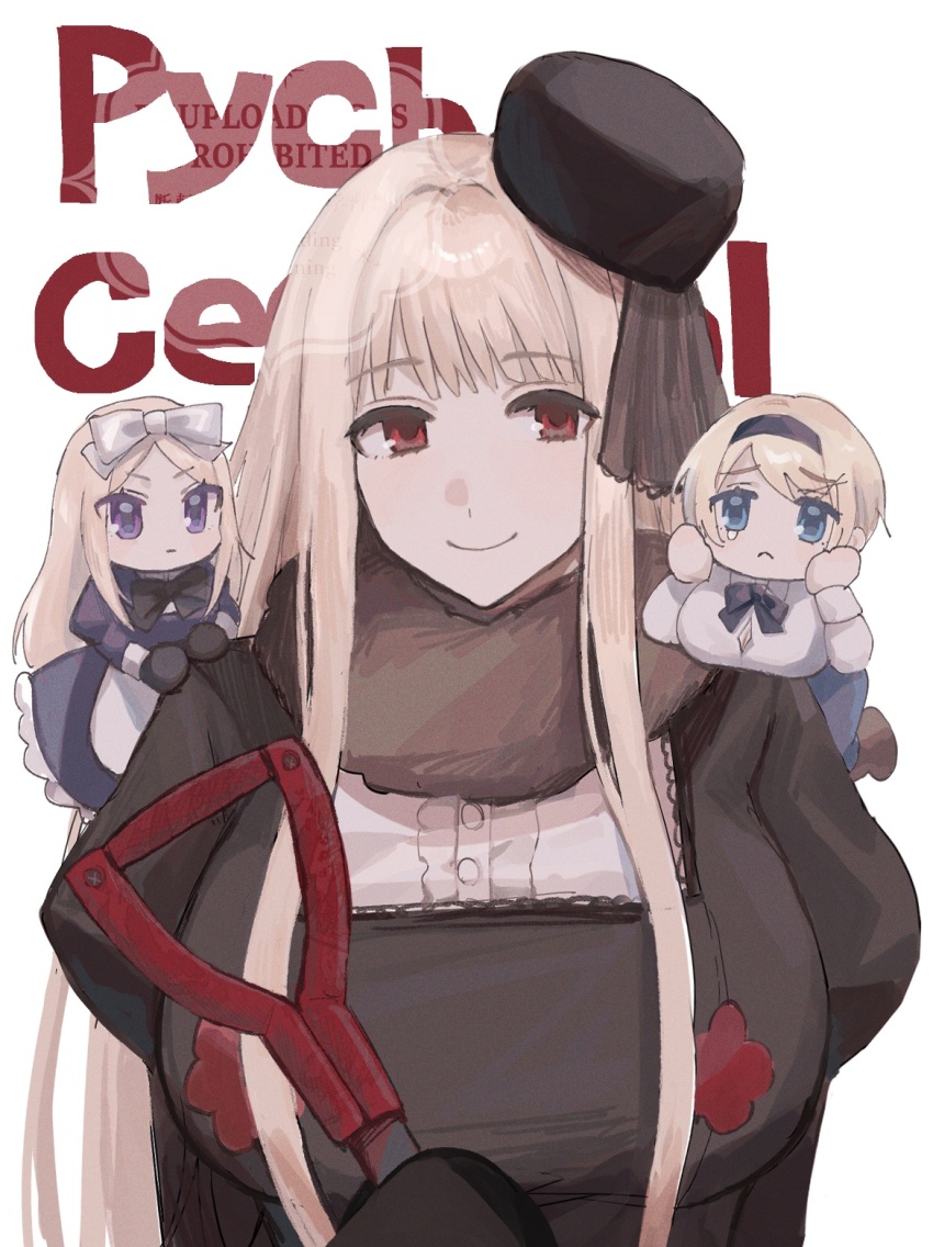 3girls apron axis_powers_hetalia belarus_(hetalia) black_bow black_bowtie black_dress black_gloves black_hairband black_hat blonde_hair blue_bow blue_bowtie blue_eyes blue_pants boots bow bowtie breasts brown_boots buttons chibi closed_mouth collared_shirt dress english_text frills fur_collar fur_hat genderswap genderswap_(mtf) gloves hair_bow hairband hands_on_own_face hat highres himoon666 holding holding_shovel juliet_sleeves large_breasts long_sleeves looking_at_viewer mini_hat multiple_girls pants puffy_sleeves purple_dress purple_eyes red_eyes russia_(female)_(hetalia) russia_(hetalia) shirt short_hair shovel siblings sidelocks simple_background sisters smile tearing_up ukraine_(hetalia) upper_body watermark white_apron white_background white_bow white_shirt