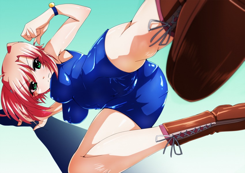 1girl blush breasts cameltoe covered_erect_nipples covered_navel female_focus gradient_background green_eyes kicking large_breasts lyrical_nanoha mahou_shoujo_lyrical_nanoha mahou_shoujo_lyrical_nanoha_vivid miura_rinaldi pink_hair simple_background solo tappa_(esperanza)