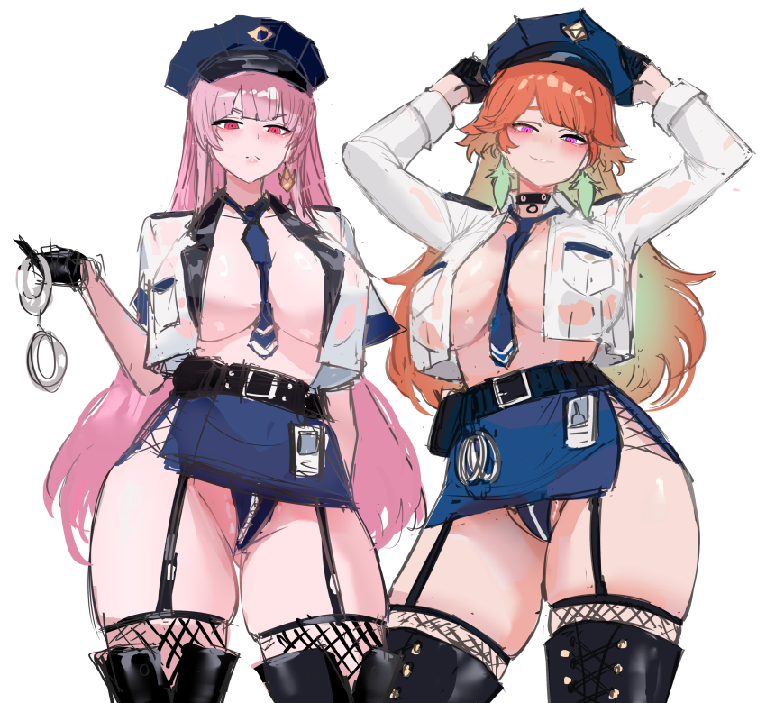 2girls absurdres adjusting_clothes adjusting_headwear alternate_costume arms_up belt belt_pouch between_breasts black_belt black_choker black_garter_straps black_gloves blue_necktie blue_skirt boots breasts choker collared_shirt commentary contrapposto cuffs earrings english_commentary feather_earrings feathers fishnet_thighhighs fishnets garter_straps gloves gluteal_fold gradient_hair green_hair half_gloves handcuffs hat highres holding holding_handcuffs hololive hololive_english id_card jewelry large_breasts long_hair looking_at_viewer mori_calliope multicolored_hair multiple_girls necktie necktie_between_breasts open_clothes open_shirt orange_hair parted_lips pink_hair police police_hat police_uniform policewoman pouch purple_eyes red_eyes revealing_clothes rokosannn shirt side_slit skirt smile takanashi_kiara thick_thighs thigh_boots thighhighs thighs unfinished very_long_hair virtual_youtuber white_shirt