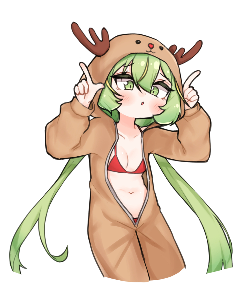 1girl :o alternate_costume bikini bikini_under_clothes blush breasts commentary_request cosplay cowboy_shot cropped_legs deer_hood fake_antlers green_eyes green_hair hch_cheol highres hood hood_up horns_pose korean_commentary long_hair low_twintails mahjong_soul onesie open_clothes open_mouth red_bikini rudolph_the_red_nosed_reindeer rudolph_the_red_nosed_reindeer_(cosplay) simple_background small_breasts solo swimsuit twintails white_background yuzu_(mahjong_soul)