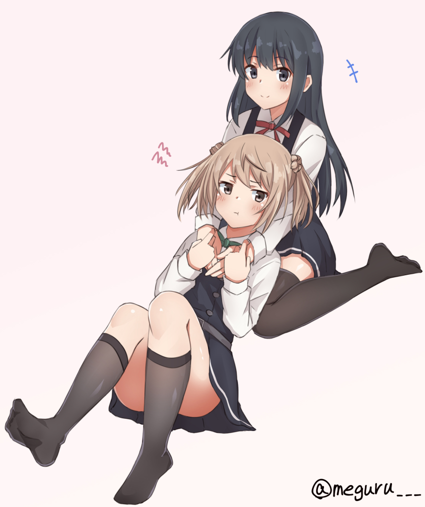 2girls :t asashio_(kancolle) black_hair black_socks blue_eyes double_bun dress green_ribbon grey_background hair_bun highres kantai_collection kneehighs kneeling lap_pillow light_brown_hair long_hair long_sleeves meguru_(megurunn) michishio_(kancolle) multiple_girls neck_ribbon no_shoes pinafore_dress pout red_ribbon ribbon shirt short_twintails simple_background sleeveless sleeveless_dress socks thighhighs twintails twitter_username white_background white_shirt yellow_eyes