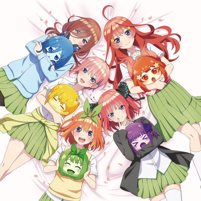&gt;_&lt; 5girls :o ahoge black_jacket blue_cardigan blush brown_hair butterfly_hair_ornament cardigan cardigan_around_waist character_doll closed_eyes closed_mouth clothes_around_waist doll go-toubun_no_hanayome green_hairband green_skirt hair_ornament hairband highres holding holding_doll hugging_doll hugging_object jacket long_hair long_sleeves looking_at_viewer lying multiple_girls nakano_ichika nakano_itsuki nakano_miku nakano_nino nakano_yotsuba official_art on_back open_clothes open_jacket open_mouth orange_hair pink_hair pink_petals pleated_skirt quintuplets red_hair red_sweater school_uniform shirt short_hair siblings sisters skirt smile star_(symbol) star_hair_ornament sweater sweater_vest white_shirt yellow_cardigan yellow_sweater_vest