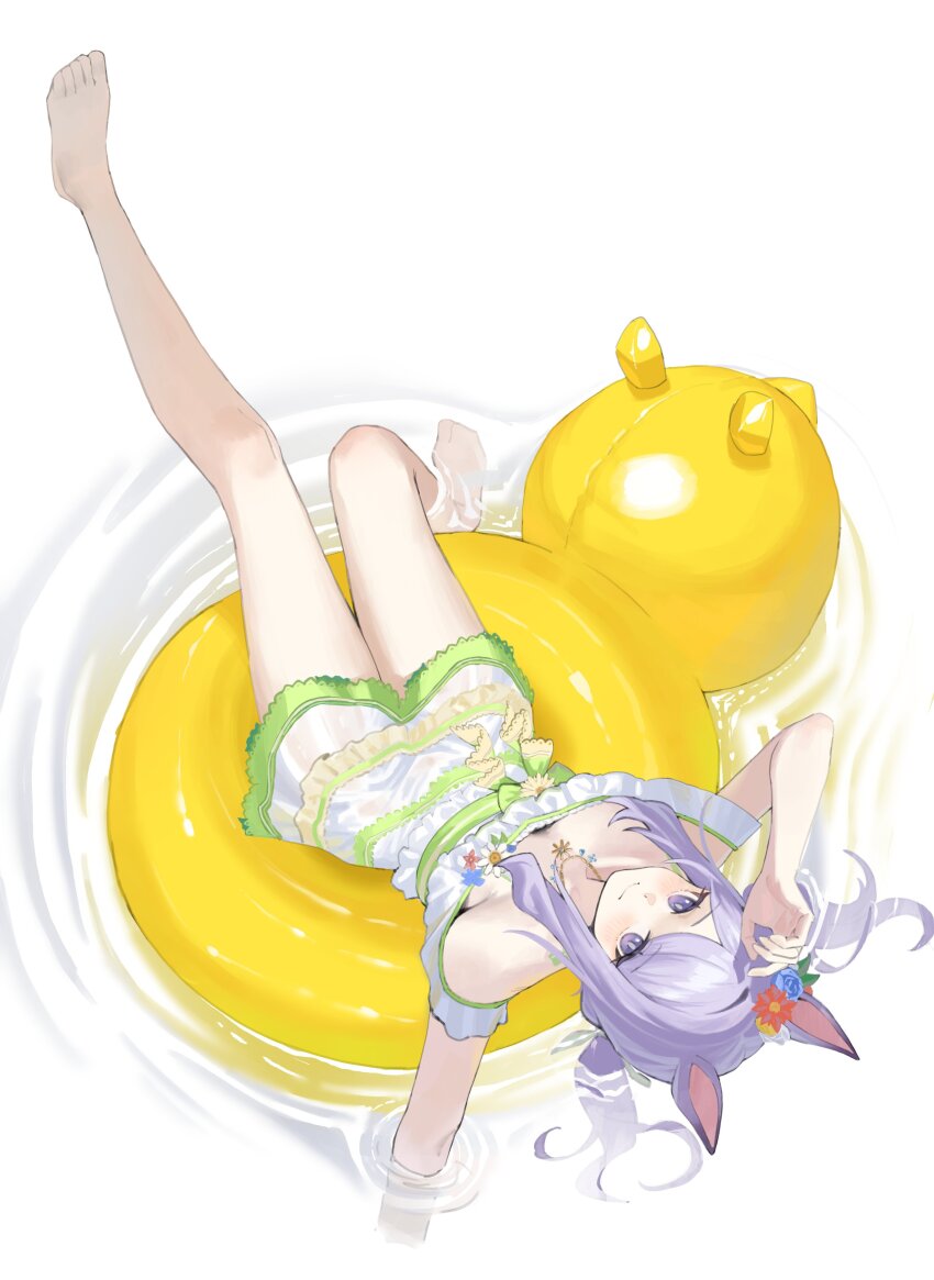 1girl absurdres animal_ears bare_shoulders barefoot blue_flower blue_rose bow dress ear_flower flower frilled_dress frills green_bow green_dress highres horse_ears horse_girl horse_tail jewelry long_sidelocks looking_at_viewer lying mejiro_mcqueen_(ripple_fairlady)_(umamusume) mejiro_mcqueen_(umamusume) necklace object_request on_back ood2 parted_bangs purple_eyes purple_hair rose see-through_clothes see-through_dress sidelocks smile solo tail umamusume white_background white_dress