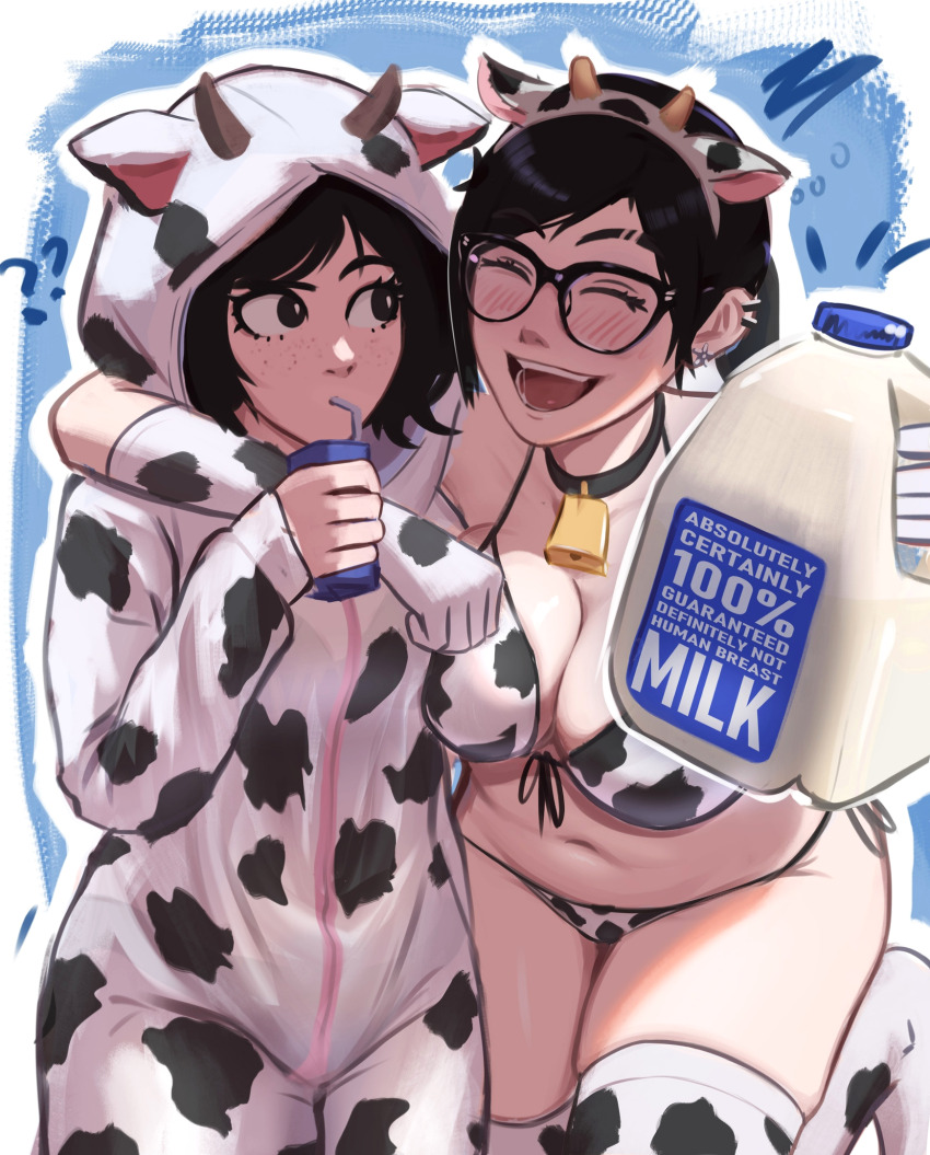 2girls ? ?? ^_^ animal_costume animal_ears animal_print arm_around_neck bell belly bikini black-framed_eyewear black_eyes black_hair blush bottle breast_press breasts cleavage closed_eyes confused cow_costume cow_ears cow_girl cow_hood cow_horns cow_print cow_print_bikini cow_print_gloves cow_print_thighhighs cowbell drinking_straw drinking_straw_in_mouth drunk elbow_gloves excited freckles glasses gloves happy highres holding holding_bottle holding_milk_carton horns hug implied_breast_milk large_breasts looking_at_another milk milk_bottle milk_carton multiple_girls navel open_mouth original plastic_bottle plump print_bikini print_gloves print_thighhighs rosen_(veyonis) saliva saliva_trail sexually_suggestive simple_background swimsuit thick_thighs thighhighs thighs veyonis yuna_(veyonis)