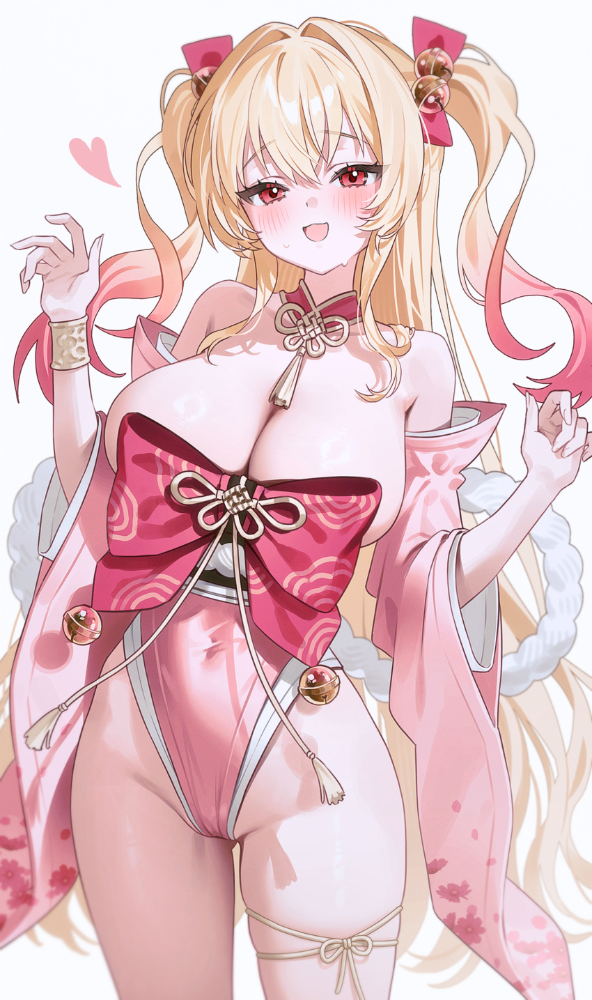 1girl :d bare_shoulders bell blonde_hair blush bow bracelet breasts cleavage commentary_request covered_navel cowboy_shot demonia_(hiyono) detached_collar detached_sleeves fymrie gluteal_fold gradient_hair hair_bell hair_bow hair_ornament hands_up heart highleg highleg_leotard highres jewelry jingle_bell large_bow large_breasts leg_ribbon leotard long_hair long_sleeves looking_at_viewer multicolored_hair open_mouth original pink_hair pink_leotard red_bow red_eyes ribbon rope simple_background skindentation smile solo standing strapless strapless_leotard sweat tassel thigh_ribbon thigh_strap thighs two_side_up very_long_hair w_arms white_background white_ribbon wide_sleeves