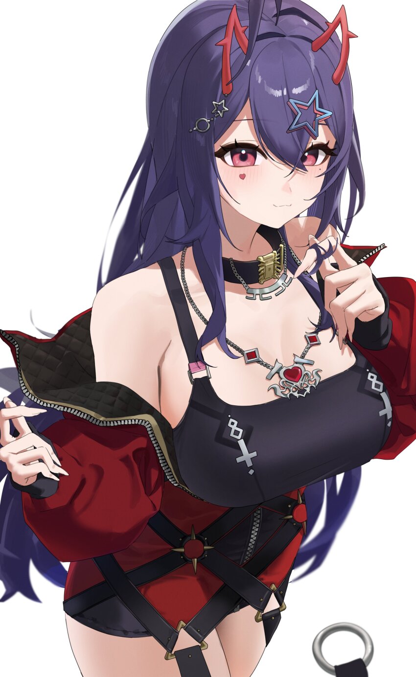1girl :3 absurdres ahoge akuma_nihmune akuma_nihmune_(casual) black_collar black_dress breasts closed_mouth collar d4kou16 dress facial_mark hair_between_eyes hair_ornament heart heart_facial_mark heart_necklace highres horns indie_virtual_youtuber jacket jewelry long_hair long_sleeves mole mole_under_eye necklace off_shoulder pink_eyes purple_hair red_horns red_jacket second-party_source solo star_(symbol) star_hair_ornament virtual_youtuber white_background zipper