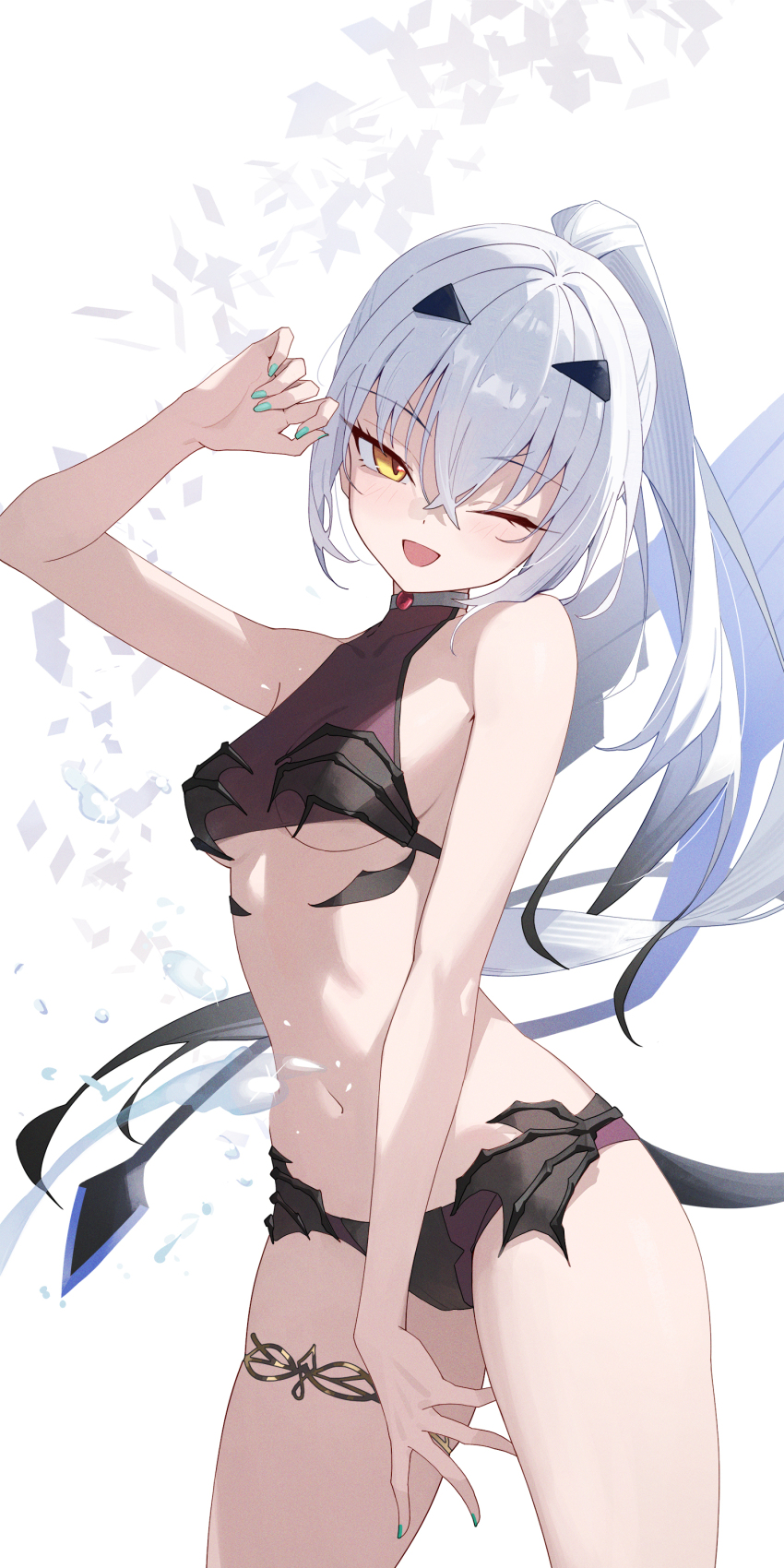 1girl absurdres bare_shoulders bikini black_bikini blush breasts dragon_wings fate/grand_order fate_(series) forked_eyebrows high_ponytail highres long_hair looking_at_viewer melusine_(fate) melusine_(swimsuit_ruler)_(fate) melusine_(swimsuit_ruler)_(first_ascension)_(fate) navel one_eye_closed open_mouth ponytail sidelocks small_breasts smile solo stomach_tattoo sukaliya swimsuit tail tattoo thighs white_hair wings yellow_eyes