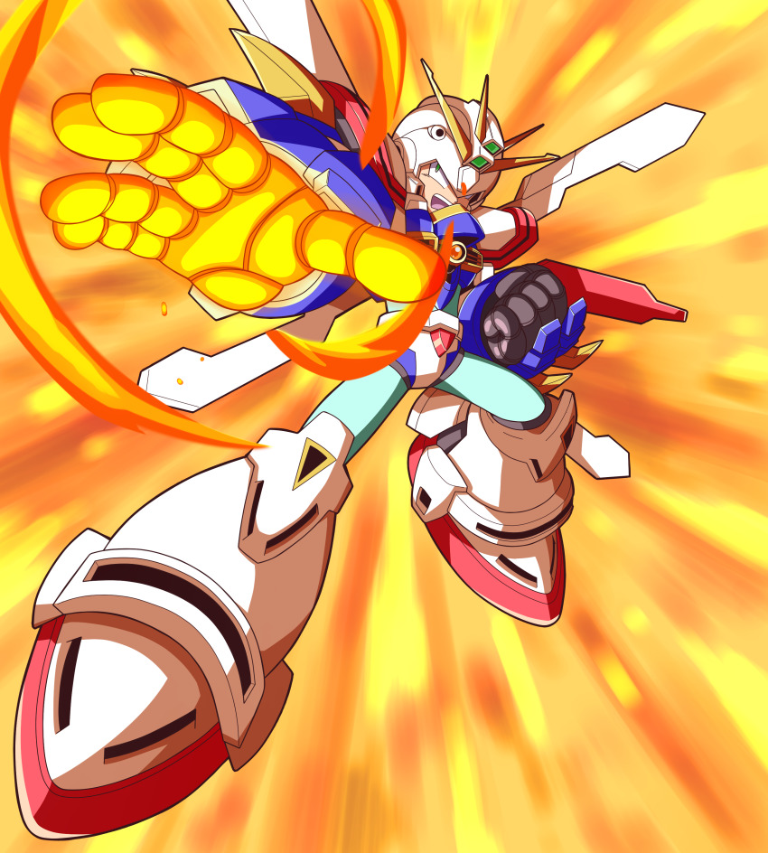 1boy absurdres android armor bakunetsu_god_finger crossover g_gundam gloves glowing glowing_hand god_gundam green_eyes gundam helmet highres innovator123 looking_at_viewer male_focus mecha mega_man_(series) mega_man_x_(series) no_humans robot solo super_robot x_(mega_man)