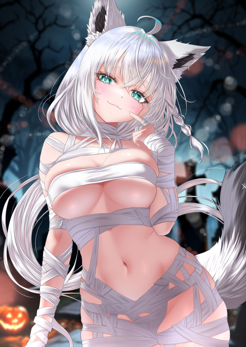 1girl :3 absurdres animal_ear_fluff animal_ear_piercing animal_ears aqua_eyes arm_at_side bandaged_arm bandaged_chest bandaged_hand bandaged_leg bandaged_neck bandaged_torso bandages bare_tree blurry blurry_background braid breasts closed_mouth commentary_request finger_to_mouth fox_ears fox_girl fox_tail halloween halloween_costume hand_up highres hololive jack-o&#039;-lantern large_breasts light_blush long_hair looking_at_viewer mummy_costume naked_bandage nanaki24 navel outdoors pointing_at_mouth shirakami_fubuki single_braid solo stomach tail tree virtual_youtuber white_hair