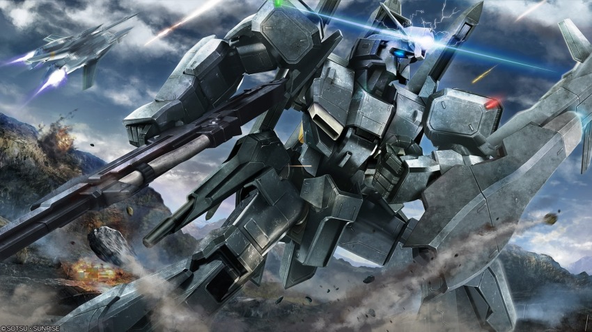 absurdres aeug alternate_form army artist_request beam_cannon blue_eyes cable cloud cloudy_sky company_name copyright_notice debris desert explosion flying gundam gundam_battle_operation_2 gundam_sentinel highres holding holding_weapon machinery mecha mecha_focus mobile_suit no_humans official_art realistic robot science_fiction shield sky spacecraft starfighter sunrise_(company) thrusters v-fin weapon zeta_plus_a2