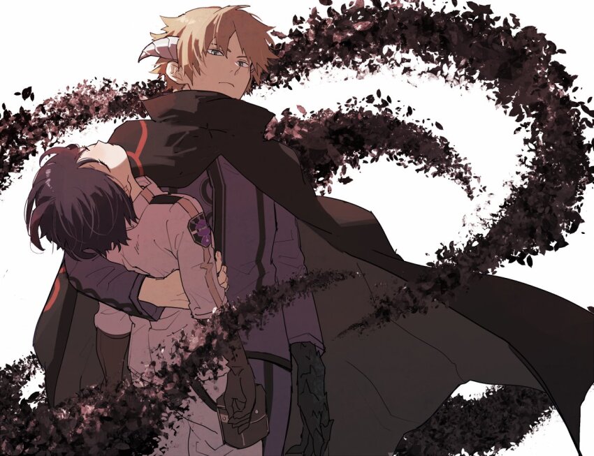 1boy 1girl amatori_chika armor armored_gloves belt_pouch black_cloak black_gloves carrying carrying_person cloak closed_eyes closed_mouth cowboy_shot facing_up floating floating_object from_below frown gloves horns hyuse jacket looking_at_viewer looking_down pants pouch purple_jacket shards short_hair simple_background unconscious uniform uruta_nishi white_background white_jacket white_pants world_trigger