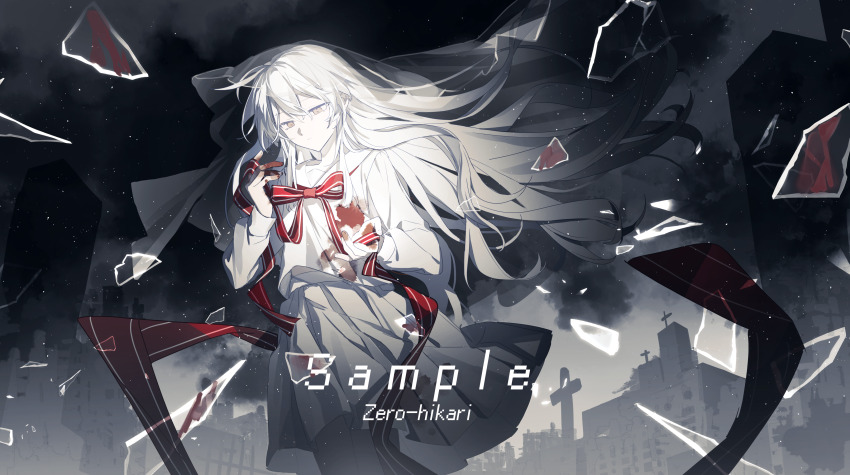 1girl absurdres arcaea blood blood_on_clothes blood_on_glass blood_on_hands building character_name chinese_commentary city closed_mouth commentary_request cross feet_out_of_frame floating_hair glass_shards grey_skirt hair_between_eyes highres hikari_(arcaea) hikari_(zero)_(arcaea) holding holding_ribbon long_hair long_sleeves looking_at_hand maboroshi_(freeze000) pleated_skirt red_ribbon ribbon sample_watermark shirt skirt skyscraper solo standing veil very_long_hair watermark white_hair white_shirt