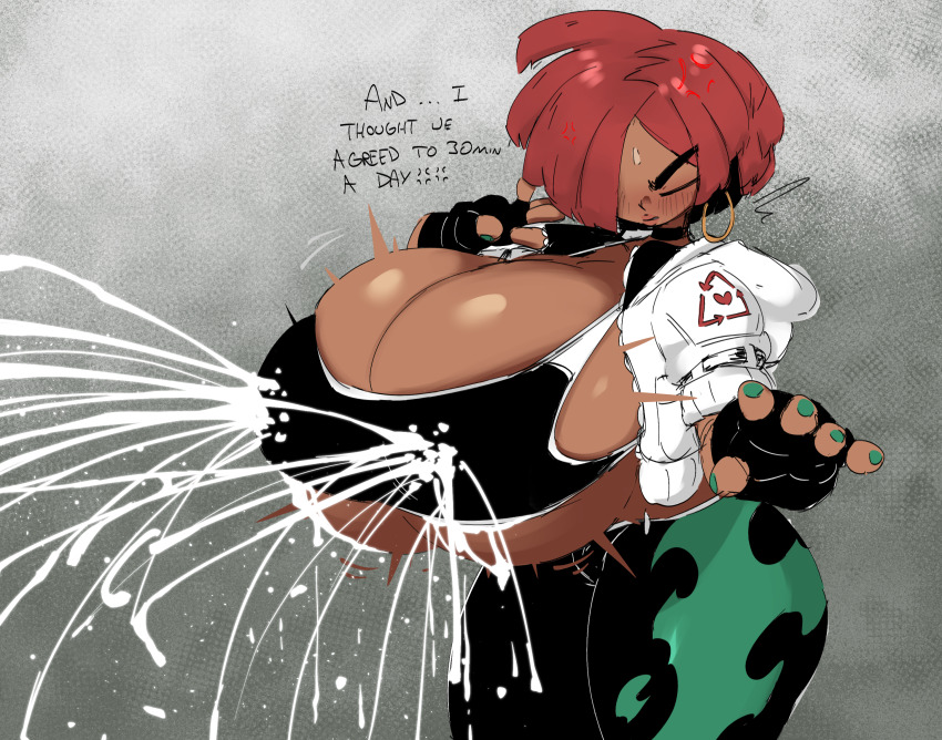 1girl anger_vein blush breasts bursting_breasts cleavage closed_eyes dark-skinned_female dark_skin earrings facial_mark female_focus fingerless_gloves forehead_mark gigantic_breasts giovanna_(guilty_gear) gloves guilty_gear guilty_gear_strive highres hoop_earrings jellot jewelry lactation lactation_through_clothes nail_polish projectile_lactation red_hair short_hair skindentation solo underboob