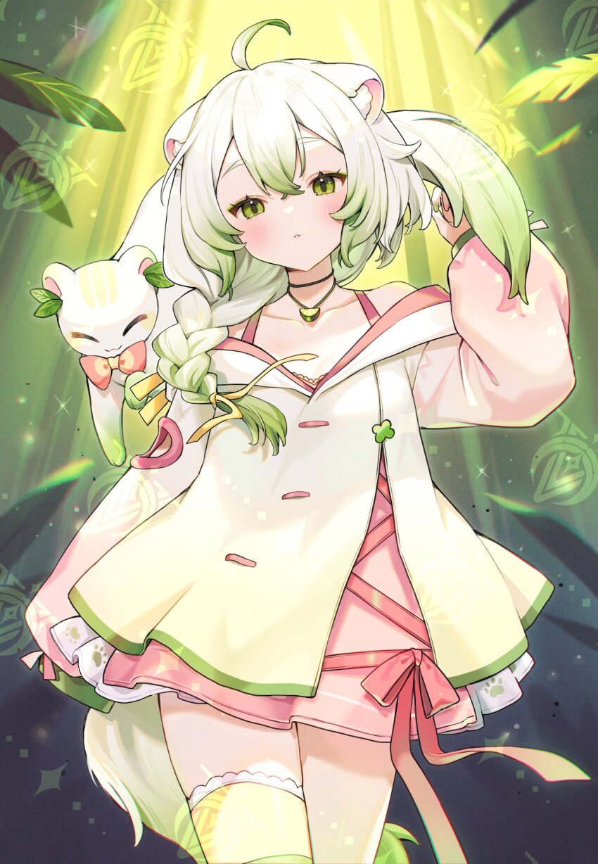 1boy 1girl ahoge animal animal_ears animal_on_shoulder asymmetrical_legwear blush bow bowtie braid dress ferret ferret_ears ferret_girl ferret_tail forest gradient_hair green_eyes green_hair green_jacket green_nails green_tail hair_between_eyes highres hood hood_down indie_virtual_youtuber jacket laimu_(vtuber) laimu_(vtuber)_(1st_costume) leaf limon_(laimu) long_hair mismatched_legwear mismatched_socks multicolored_hair multicolored_tail nature official_art pink_bow pink_bowtie pink_dress pink_nails ribbon skindentation sleeves_past_fingers sleeves_past_wrists squinting sunlight tail thighhighs two-tone_hair uwu vinesauce virtual_youtuber watermark white_hair white_tail yenkoes