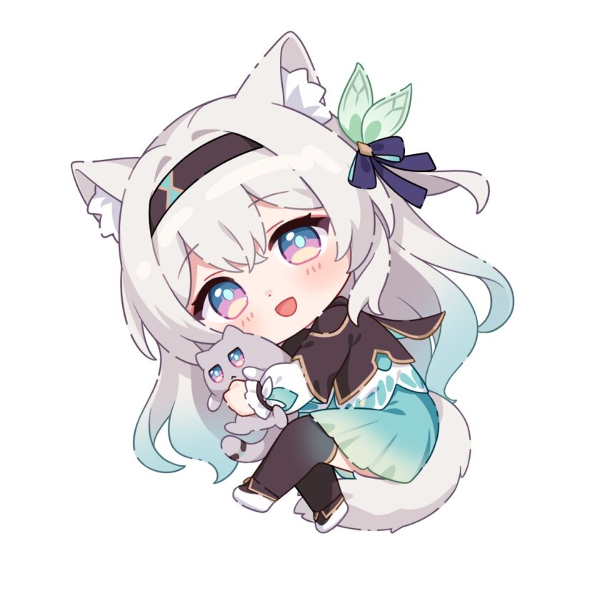 1girl :d animal animal_ear_fluff animal_ears animal_hug black_hairband black_jacket black_thighhighs blue_skirt blush cat cat_ears cat_girl cat_tail chibi commentary english_commentary firefly_(honkai:_star_rail) full_body grey_hair hair_between_eyes hairband highres hitsukuya honkai:_star_rail honkai_(series) jacket kemonomimi_mode knees_together_feet_apart layered_sleeves long_sleeves looking_at_viewer lying on_side open_mouth puffy_long_sleeves puffy_sleeves purple_eyes shirt shoes simple_background skirt smile solo tail thighhighs white_background white_shirt white_shoes