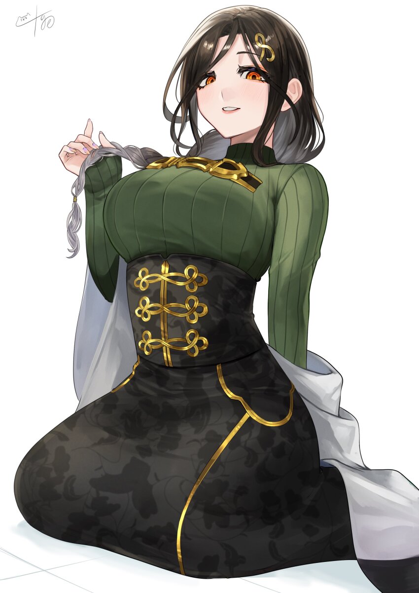 1girl absurdres braid breasts brown_hair gradient_hair green_sweater grey_hair hair_ornament hair_over_one_eye highres jewelry large_breasts long_braid long_hair looking_at_viewer multicolored_hair nekotokage nijisanji open_mouth orange_eyes ribbed_sweater shawl shirayuki_tomoe shirayuki_tomoe_(1st_costume) single_braid smile solo sweater virtual_youtuber white_shawl