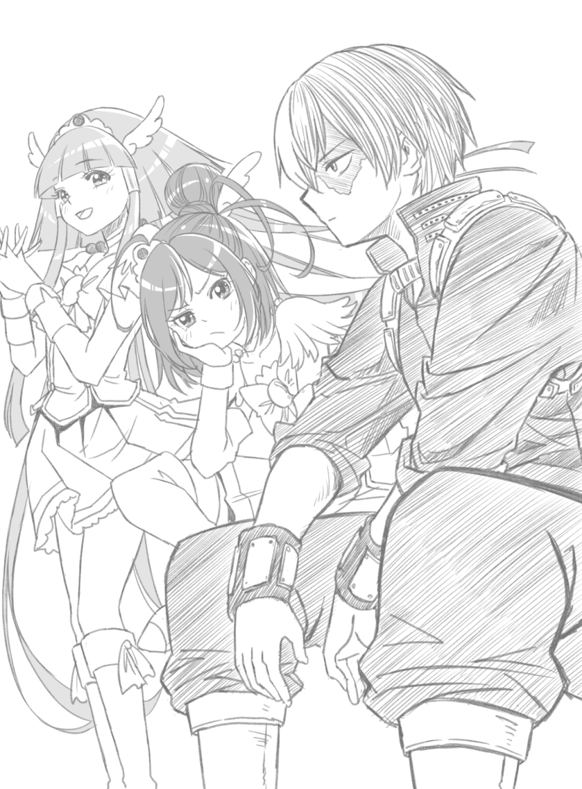 1boy 2girls :d aoki_reika blush boku_no_hero_academia burn_scar commentary_request crossover cure_beauty cure_sunny eyelashes greyscale hair_bun hair_ornament half_updo happy highres hino_akane_(smile_precure!) jj_(ssspulse) long_hair looking_at_viewer magical_girl medium_hair monochrome multicolored_hair multiple_girls open_mouth precure scar scar_on_face short_hair simple_background sketch skirt smile smile_precure! standing todoroki_shouto two-tone_hair white_background wrist_cuffs